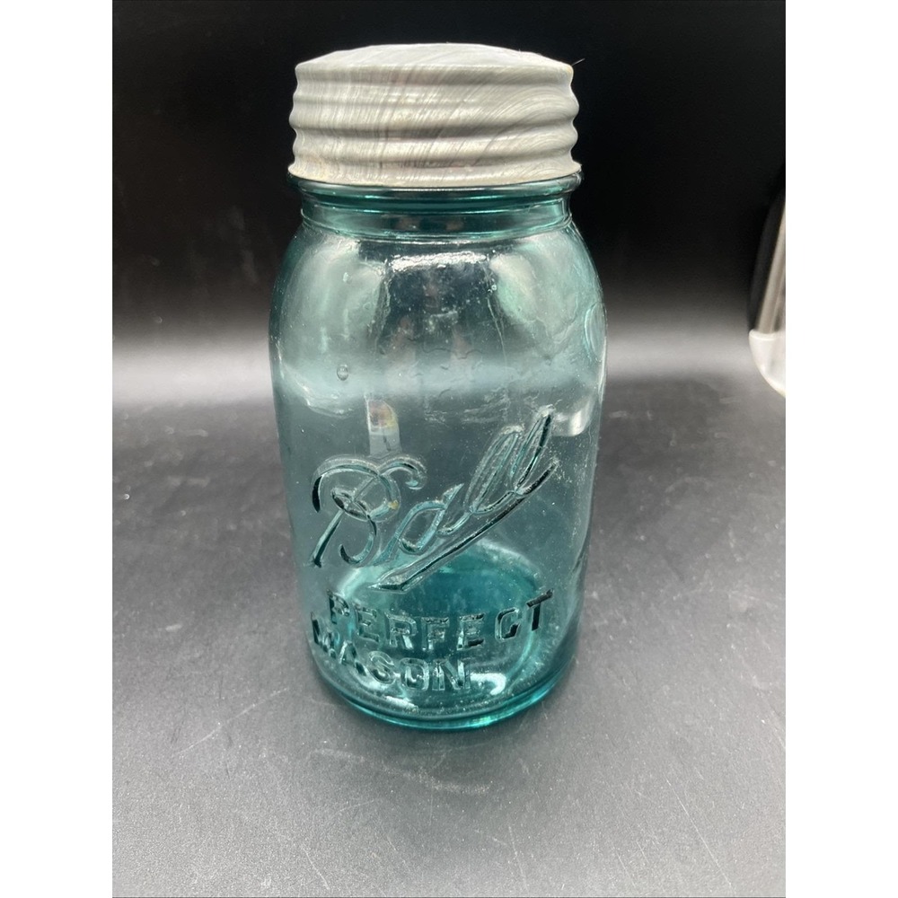 Vtg Aqua Blue Ball Perfect Mason Jar Quart Size Zinc Lid Mold 3 1910-1933